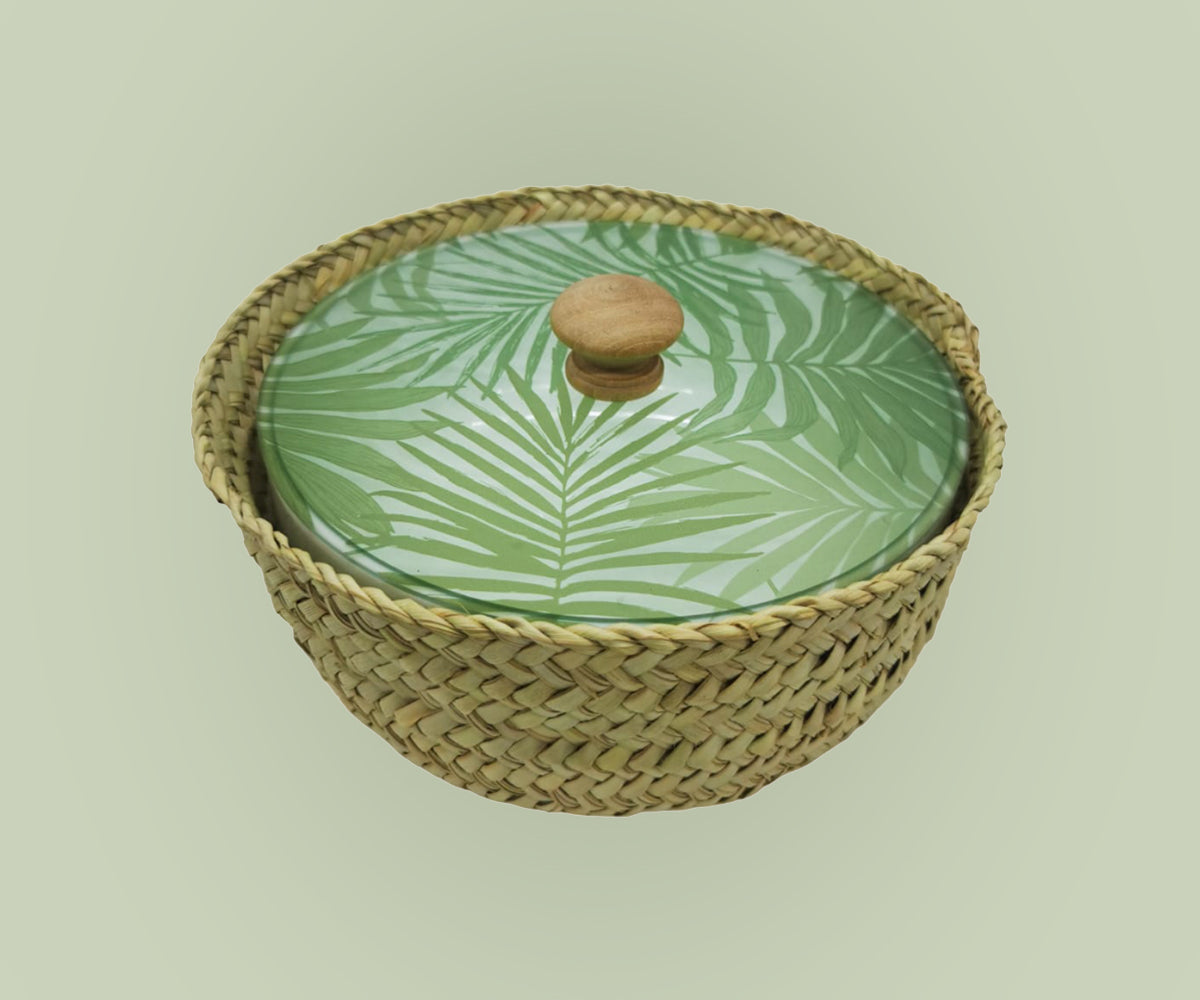 Bowl Acrylic  Cover Palm  Leaves Green  Wood Knob