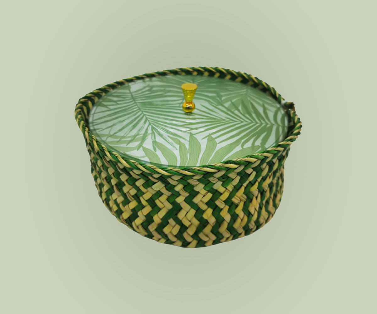 Bowl Acrylic  Cover Palm  Leaves Green  Gold Knob