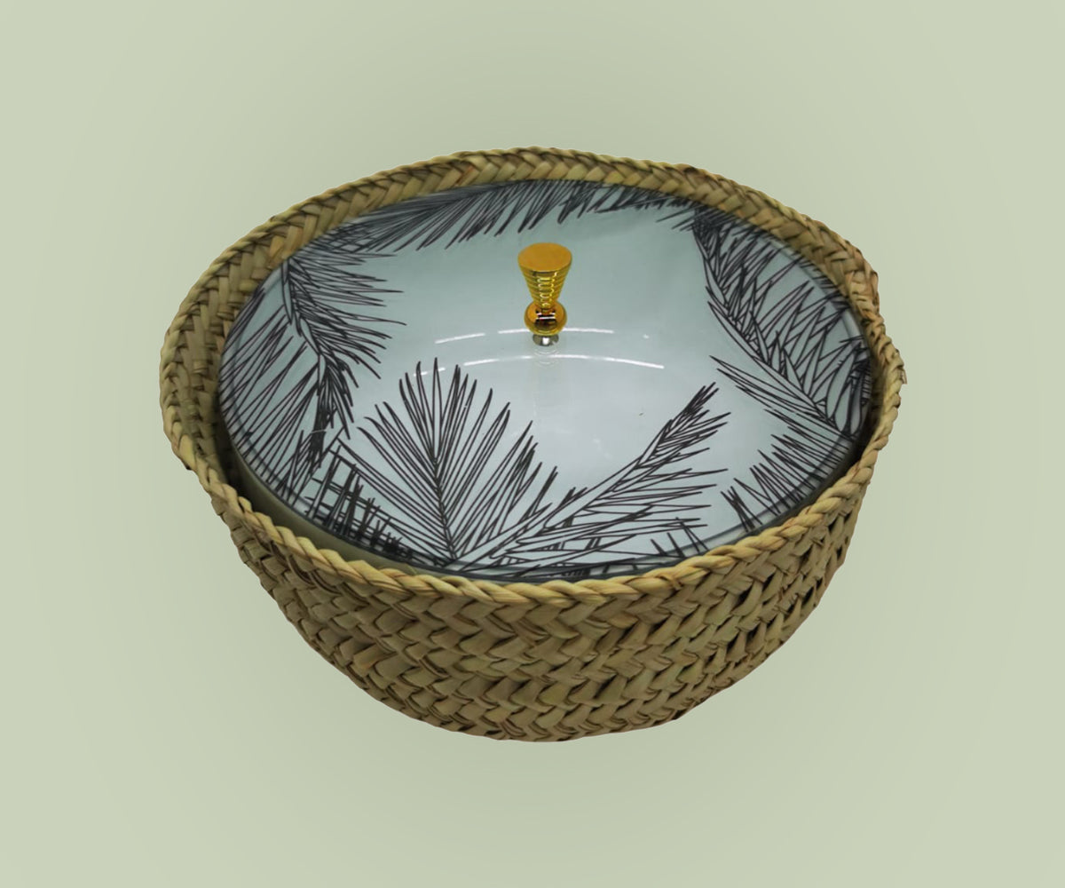 Bowl Acrylic  Cover Palm  Leaves Black  Gold Knob
